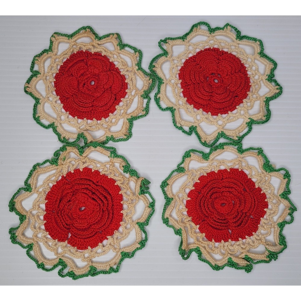 Collectible Handmade Crocheted Red, Green & Beige Rose Floral‎ 4" Coasters Doily